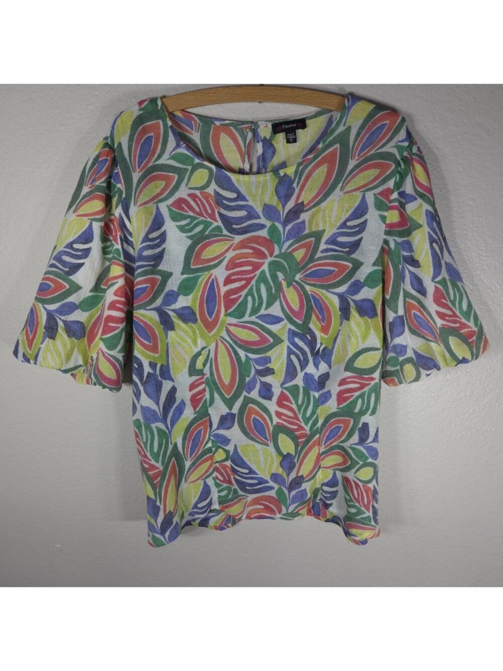Cocomo Multicolor Top Blouse Size XL Tropical Floral Print Puff 3/4 Sleeves